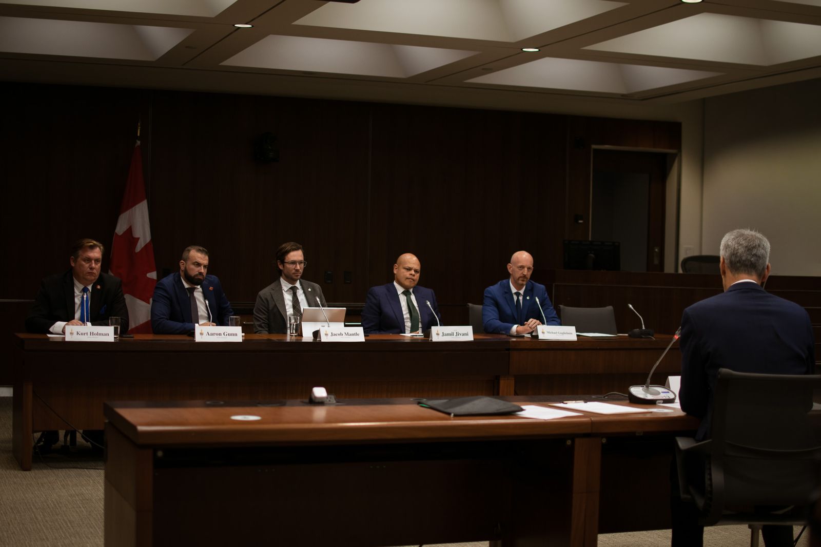 MPs Kurt Holman, Aaron Gunn, Jacob Mantle, Jamil Jivani and Michael Guglielmin hear from a witness