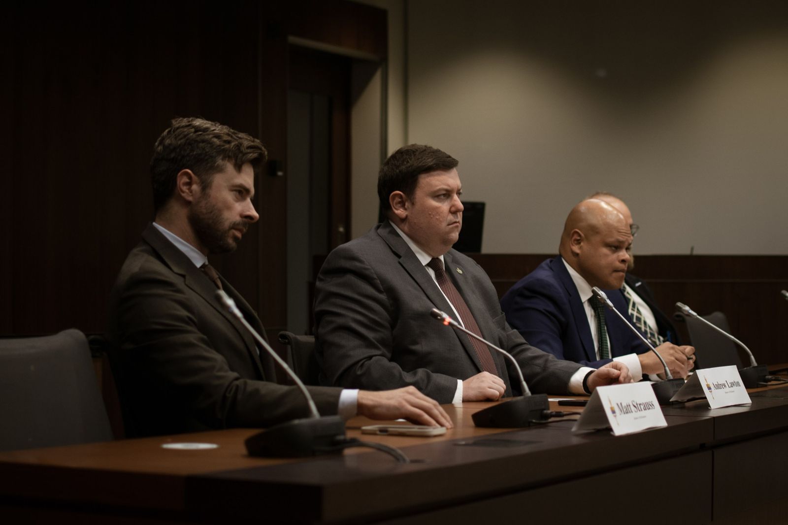 MPs Matt Strauss, Andrew Lawton and Jamil Jivani hear from a witness