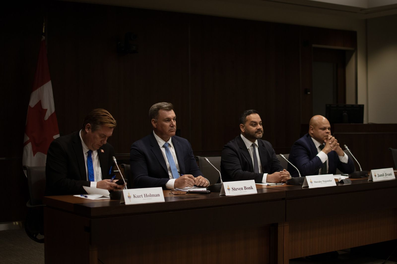 MPs Kurt Holman, Steven Bonk, Shuvaloy Majumdar and Jamil Jivani